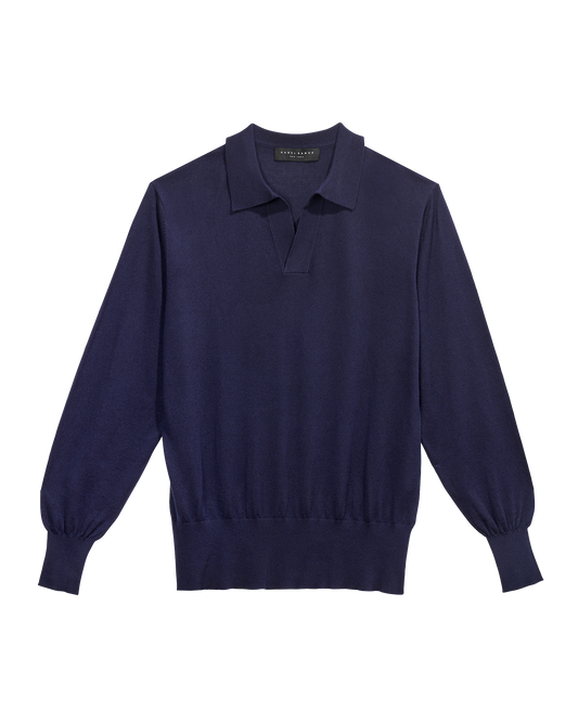 Navy Blue Silk & Cashmere Long Sleeve Knit Polo