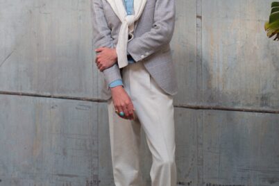 Ivory Silk. Herringbone jacket with sweater.