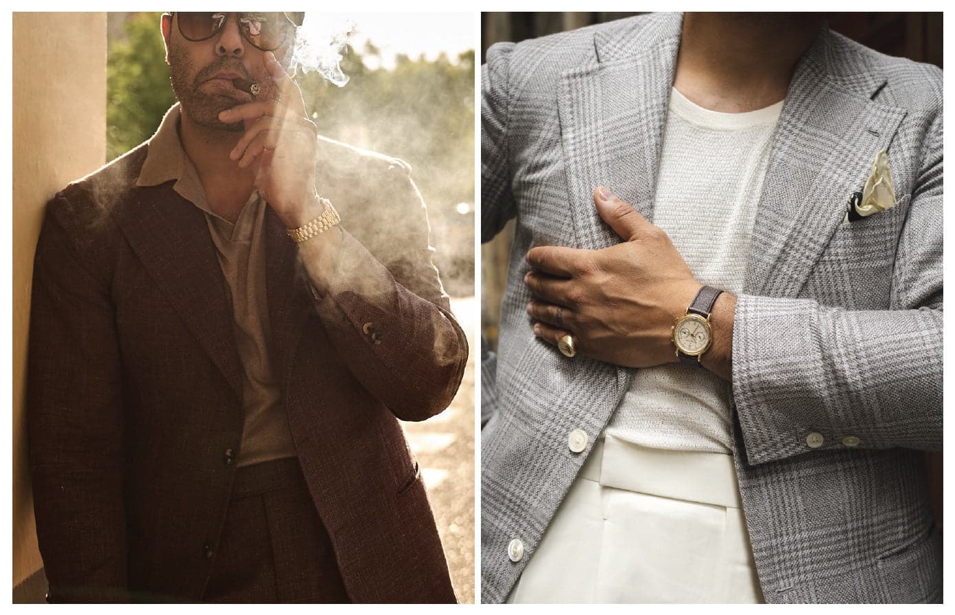 Angel Ramos in a brown suit smokes a cigar, wearing a gold watch and sunglasses. In the second frame, he wears a gray plaid blazer with a white knit shirt, accessorized with a gold ring and leather-strap watch.