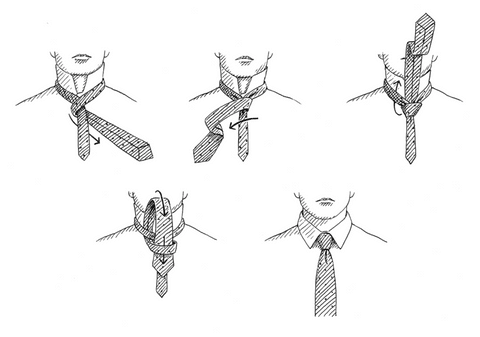 Illustrated step-by-step guide on how to tie a Four-In-Hand necktie knot, demonstrating the simple and classic technique.