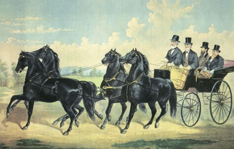 Historical illustration of a Four-In-Hand carriage, featuring four black horses pulling a carriage with elegantly dressed passengers in top hats.