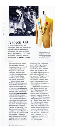 Magazine article featuring Angel Ramos and 18th Amendment, highlighting modern bespoke tailoring with online fittings, alongside an image of a yellow embroidered tuxedo jacket on a mannequin.