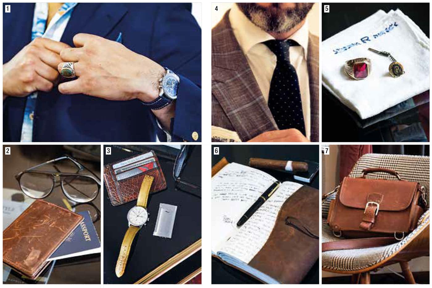 A curated collection of luxury men's accessories, including a classic wristwatch, leather wallet, vintage eyeglasses, heirloom rings, a leather-bound notebook with a fountain pen, a structured leather travel bag, and a refined suit with a polka-dot tie, showcasing the personal style of Angel Ramos and Stephen Schweickart of 18th Amendment.