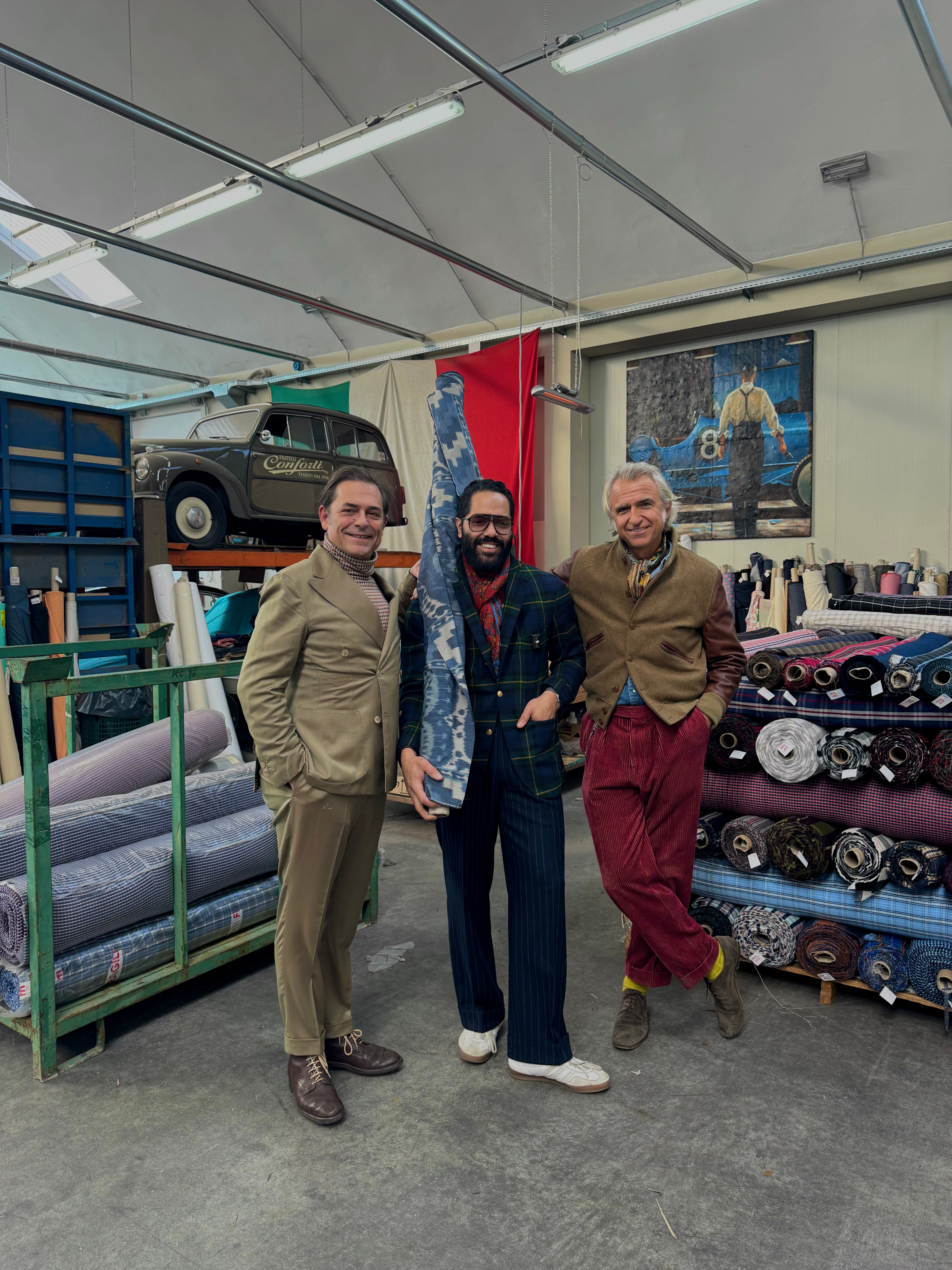 Angel Ramos visiting Fratelli Conforti in Prato, selecting sustainable fabrics for his spring/summer collection.