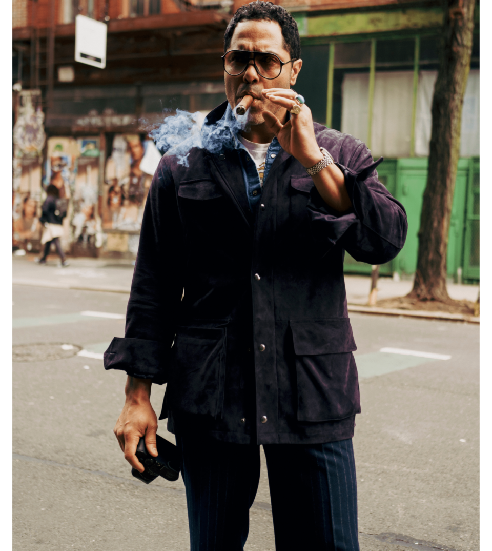 Angel Ramos in Navy Lamb Suede Sahariana Jacket