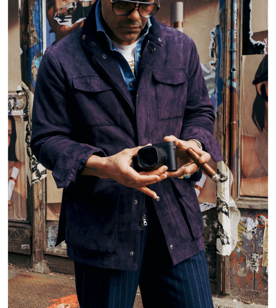 Angel Ramos in Navy Lamb Suede Sahariana Jacket