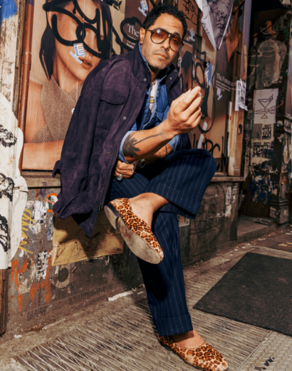 Angel Ramos in Navy Lamb Suede Sahariana Jacket