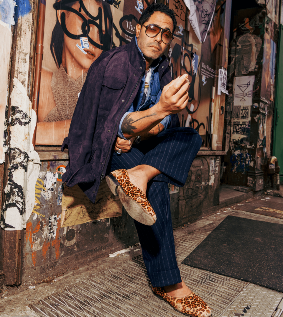 Angel Ramos in Navy Lamb Suede Sahariana Jacket