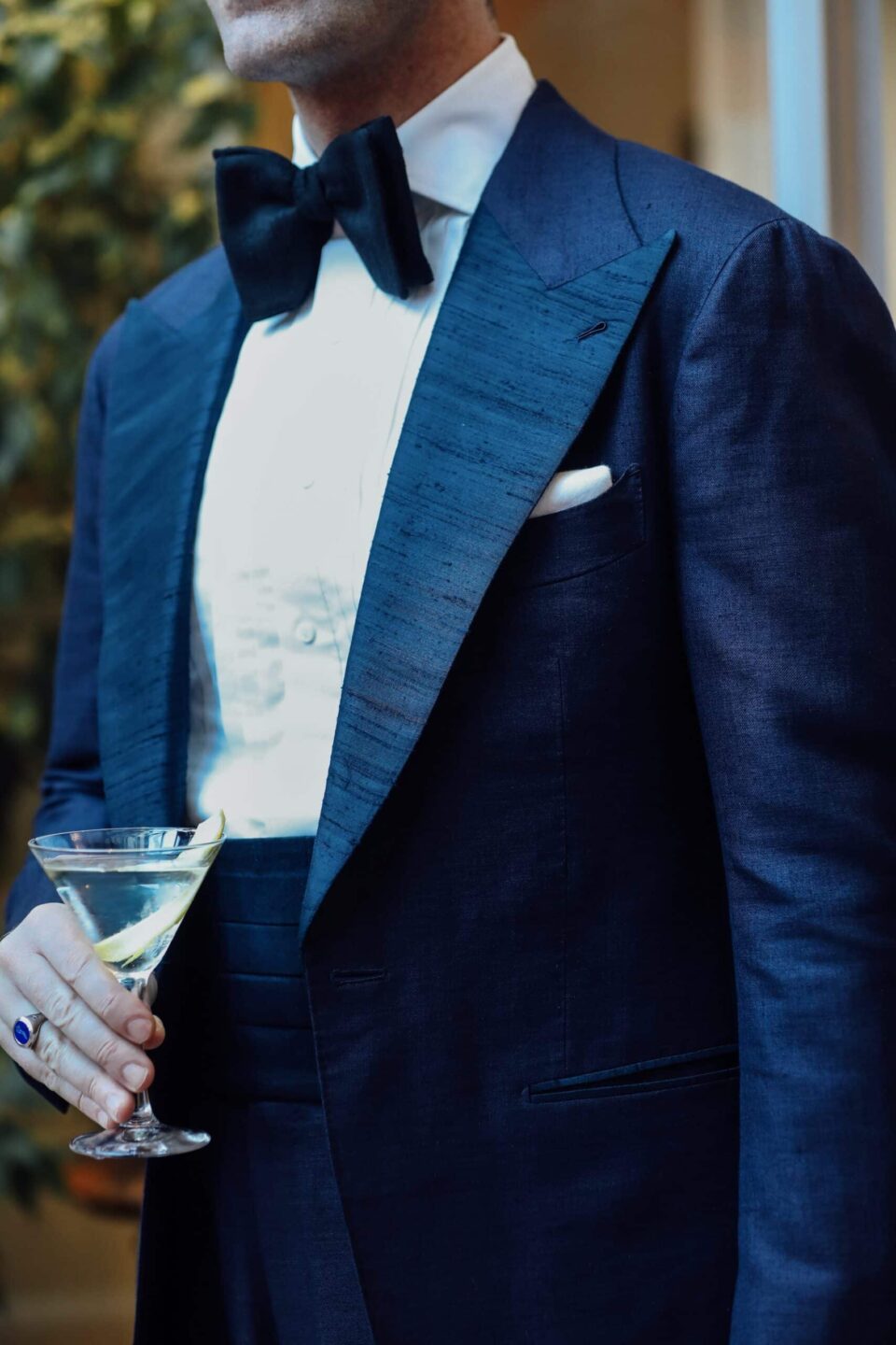 Fernando Pane in ARNY's Navy Blue Dupioni Tuxedo and Cummerbund
