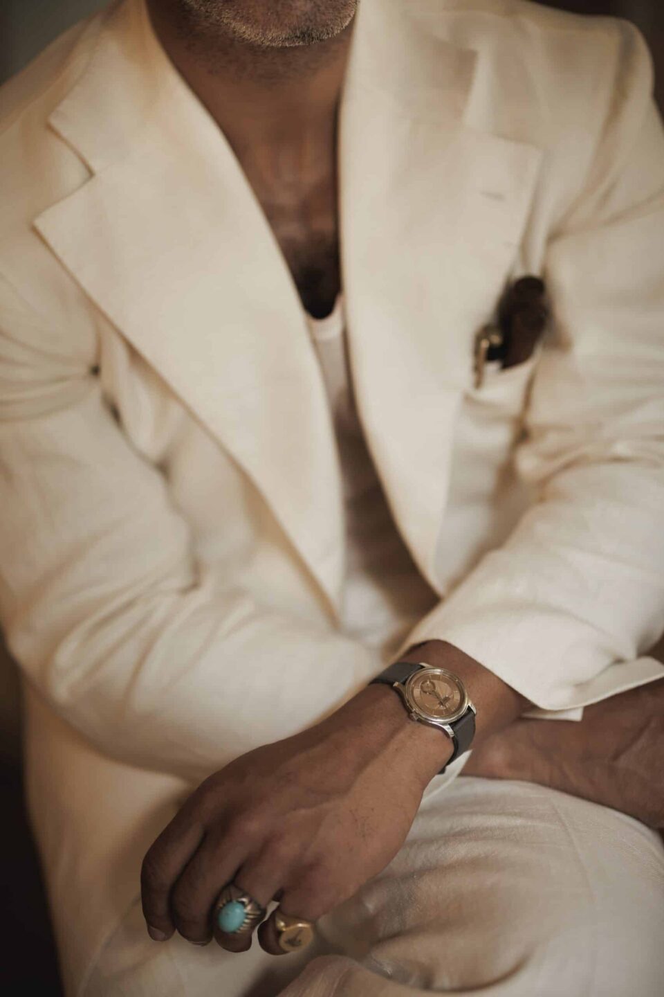 Angel Ramos Cream Linen Suit Close Up
